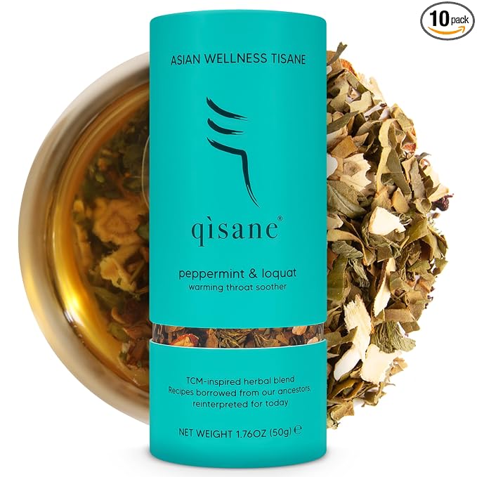qìsane Organic Peppermint Tea Bags with Loquat Leaves - Whole Organic Peppermint Leaves, Loquat, Organic Ginger Root & Balloon Flower Roots - Herbal Tea for Cough Support & Easy Breathing - 10 sachets (~30 cups)