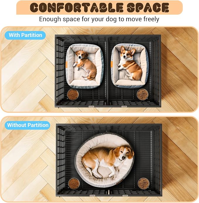 42 Inches Heavy Duty Dog Crate, Large Metal Dog Kennel with Flexible Divider, 2 Door, Feeding Bowls, Dog Cage House with Removable Tray and Wheels for Small Medium Large Pets