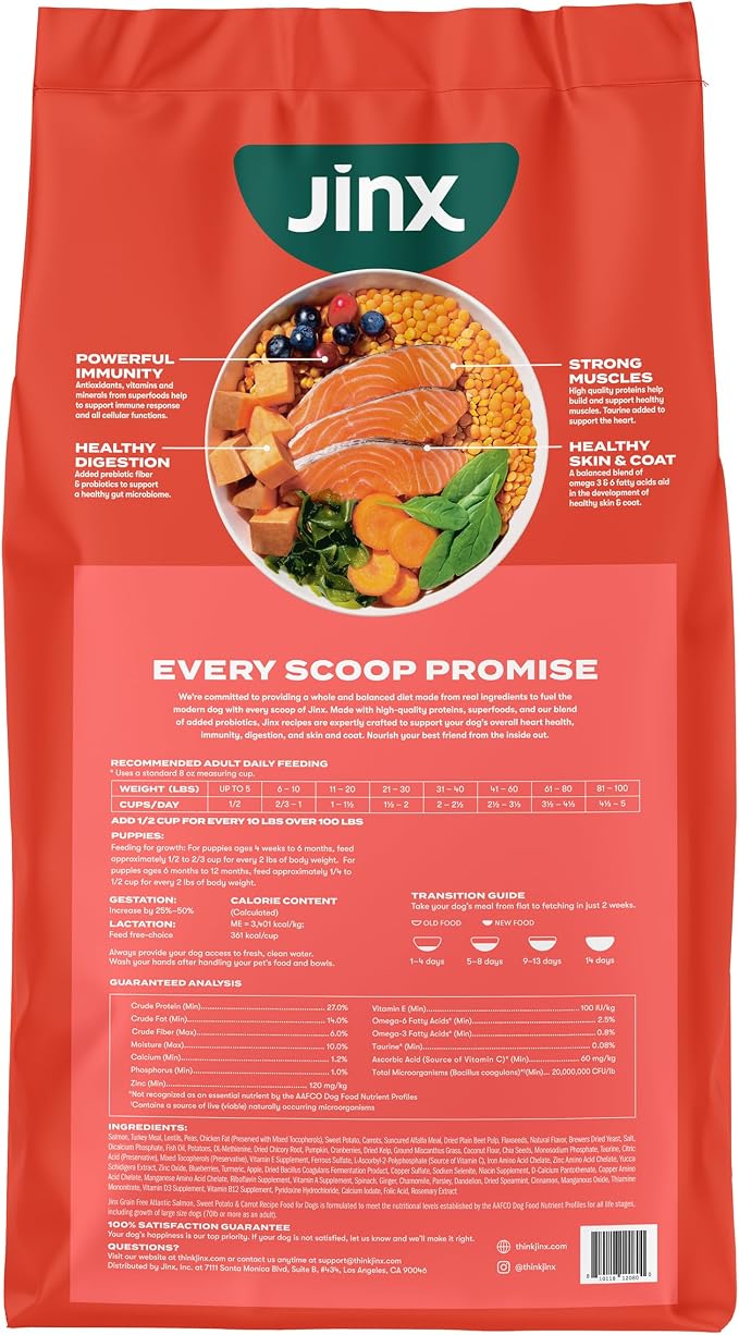 Jinx Grain Free Dry Dog Food - Real Salmon, Sweet Potato & Carrot, 30lb | Premium Kibble for Digestive Support & Healthy Immunity - No Fillers, All Lifestages (Puppy, Adult & Senior), Breeds & Sizes
