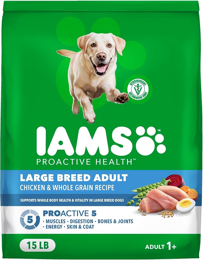 IAMS Proactive Health Large Breed Dry Dog Food, Chicken, 15 lb | Veterinarian-recommended, real chicken #1 ingredient, L-Carnitine for metabolism, Glucosamine & Chondroitin, optimal calcium