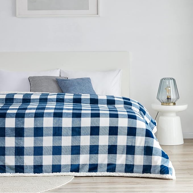 Sherpa Plaid Twin Blanket 60" X 70", Fuzzy Fluffy Soft Cozy Throw Blanket, Twin Size Plush Fleece Flannel Plush Microfiber Blanket for Couch Bed Sofa (Navy)
