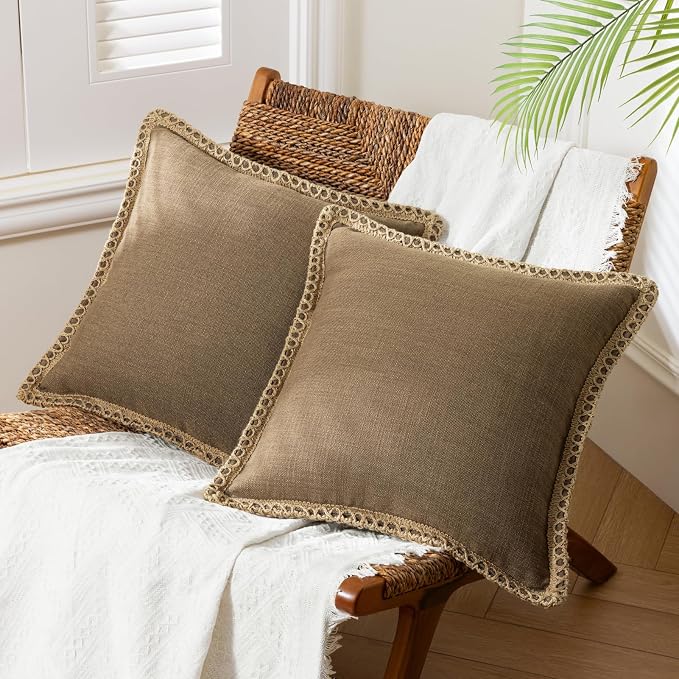 Phantoscope Pack of 2 Farmhouse Decorative Solid Throw Decorative Pillow Cover Burlap Linen Trimmed Tailored Edges Coffee 20 x 20 inches, 50 x 50 cm