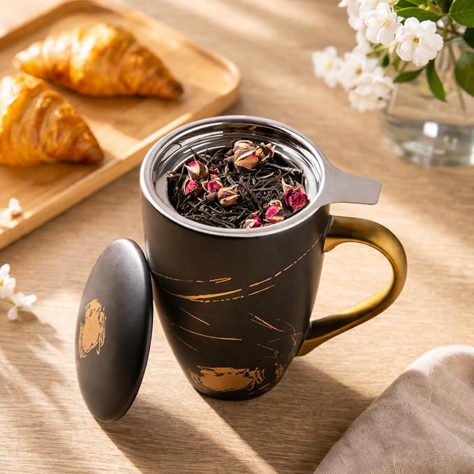 AmorArc Ceramic Tea Cup with Infuser and Lid, 17 Oz, Ceramic Cup with Handle for Steeping Loose Leaf Teas, Steeping Tea Mug with Strainer, Black