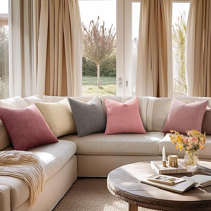 MIULEE Decorative Corduroy Throw Pillow Covers Set of 2 18x18 Beige | Soft Striped Textured Cushion Cases, Boho Square Pillowcases Neutral Home Decor, for Couch Chair Sofa Bed Living Room