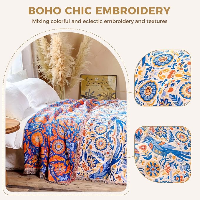 LUTBM Boho Throw Blanket for Couch 50"x60", Cotton Decorative Bed Throw | Reversible Floral Bird Jacquard, All-Season Muslin Blankets, Lightweight Breathable Gauze, For Chair Sofa Living Room Decor
