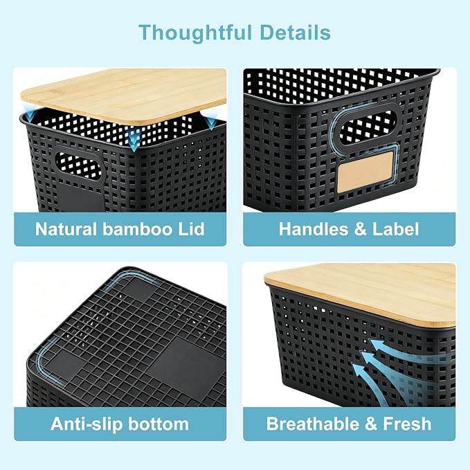 Small Plastic Storage Bins with Bamboo Lids 5.2qt Stackable Box Basket Pantry Decorative Containers Cute with Lable for Organizing Desktop Closet Office Black of 6 packs 10 * 7.2 * 4.1"
