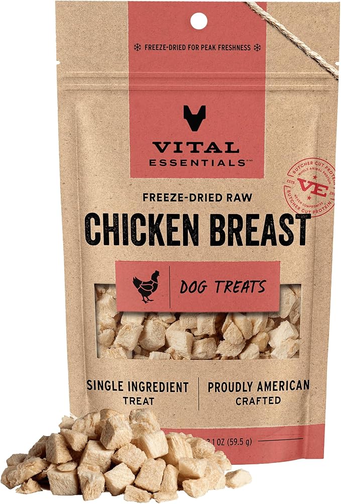 Vital Essentials Freeze Dried Dog Treats, Chicken Breast, 2.1 oz Bag | Single Ingredient, Premium Quality Protein, Grain-Free Training Treats, USA Made with U.S. & Globally Sourced Ingredients