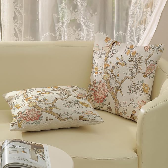 Chinoiserie Pillow Covers 18x18 Set of 2 Yellow Floral Bird Throw Pillows Green Vintage Flowers Bird Decorative Pillowcase Outdoor Chinoiserie Decoration Farmhouse Cushion Case for Couch Home