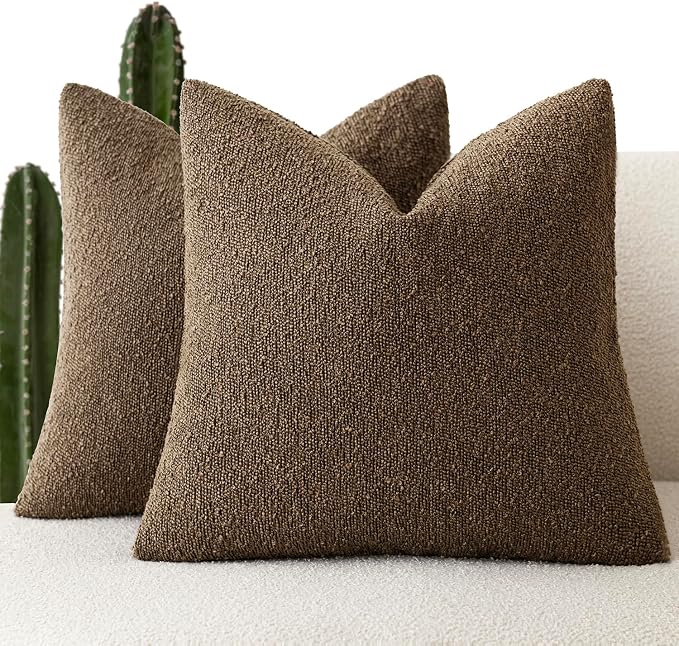 Foindtower Set of 2, Decorative Textured Boucle Throw Pillow Covers Accent Solid Pillow Cases Neutral Soft Couch Cushion Case for Chair Sofa Bedroom Living Room Home Decor 24x24Inch Chocolate