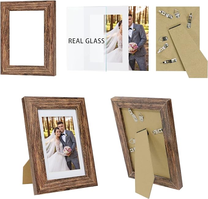Hongkee 4x6 Picture Frame Set of 4, with Real Glass and Rustic Brown Wooden Frame, 4 by 6 Photo for Wall or Tabletop - Display Picture 3.5x5 with Mat or 4x6 Without Mat