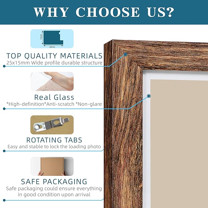 Hongkee 6x9 Picture Frame Set of 4, Made of Real Glass and Rustic Brown Wooden Frame - 6 by 9 Photo for Wall or Tabletop Display