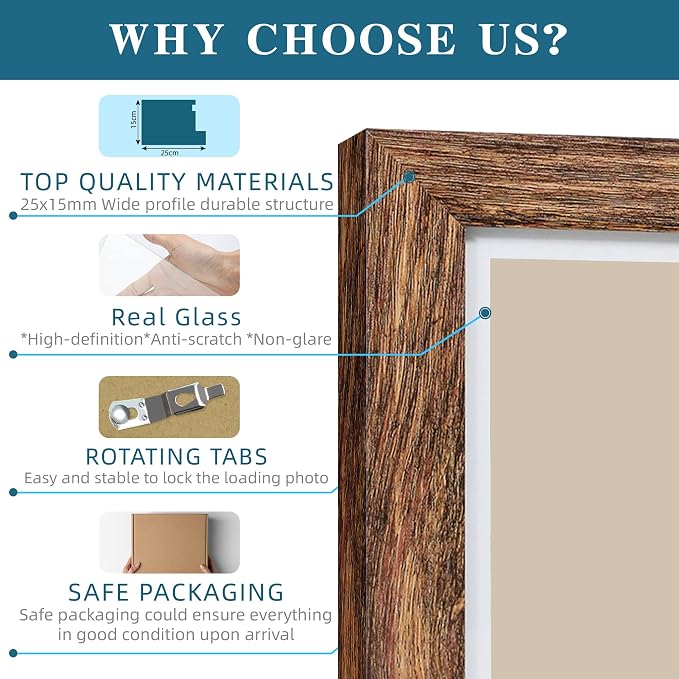 Hongkee 4x6 Picture Frame Set of 4, with Real Glass and Rustic Brown Wooden Frame, 4 by 6 Photo for Wall or Tabletop - Display Picture 3.5x5 with Mat or 4x6 Without Mat
