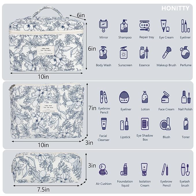 honitty Makeup Bag,Quilted Cosmetic Bags,Large Floral Make Up Organize bag,Makeup Bag Set for Women,Flower Travel Toiletry Bag