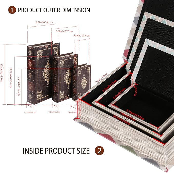 Wooden Book Box Set of 3 with Magnetic Closure and Vintage Leather Cover Design, Non-Woven Fabric Interior, Decorative Secret Storage for Bookshelves and Home Office