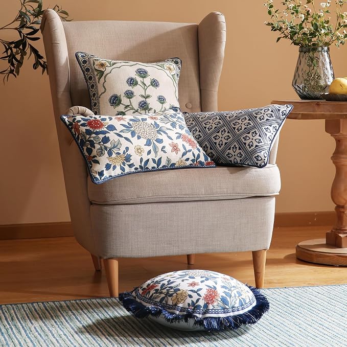 patdrea Designer French Vintage Linen Throw Pillow Cover,12"x20"-Ivar C | Decorative Pillow Case,Chinoiserie Blue Floral Print Pillow Cover for Couch Living Room Bedroom Sofa