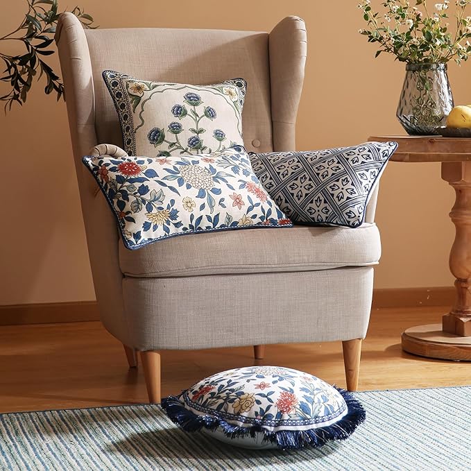 patdrea Designer French Linen Throw Pillow Cover,12"x20",Set of 2-Ivar C | Decorative Pillow Case,Chinoiserie Blue Floral Print Pillow Cover for Couch Living Room Bedroom Sofa
