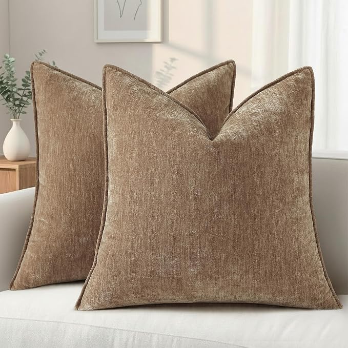 decorUhome Chenille Brown Velvet Throw Pillow Covers 22x22 Set of 2 | Fall Soft Euro Sham Couch Decorative Modern Farmhouse Pillow Cases with Elegant Design for Sofa Bed Living Room Home Decor