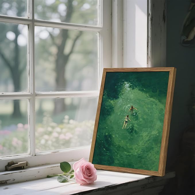 Framed Green Abstract Wall Art, Vintage Summer Swimming Canvas Wall Decor Painting, Minimalist Dark Green Water Landscape Poster Print Picture for Bathroom Bedroom Living Room 12x16 Inch