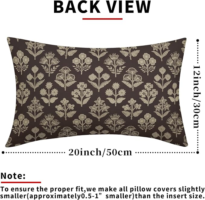 Drak Brown Pillow Covers 12x20 Inch Set of 2, Cream Floral Block Print Pattern Lumbar Decorative Throw Pillowcases Outdoor Farmhouse Rectangle Cushion Covers Spring Summer Sofa Couch Bed Decor