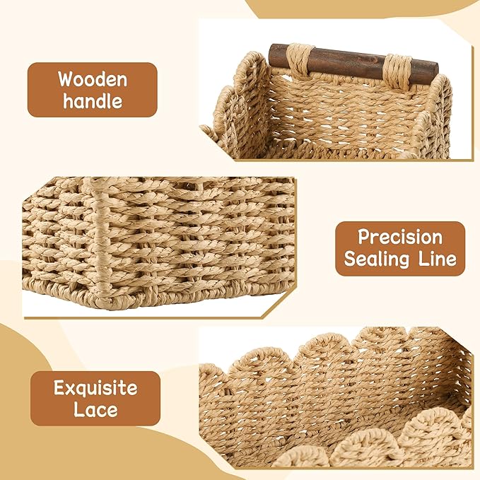 Bathroom Decor Basket for Toilet Paper Storage Baskets For Organizing | For Bedroom Living Room Kitchen Home Decor Scalloped Cute Basekt With Handle for Apartment Countertop,Beige