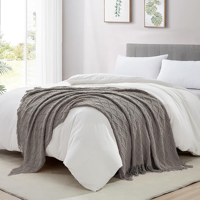 BOURINA Dark Grey Throw Blanket 50 x70 Inch Jacquard Throw Knitted Blanket | Jacquard Argyle Throw Textured Solid Soft Throws and Blankets for Sofa or Bed Knitted Decorative Blanket