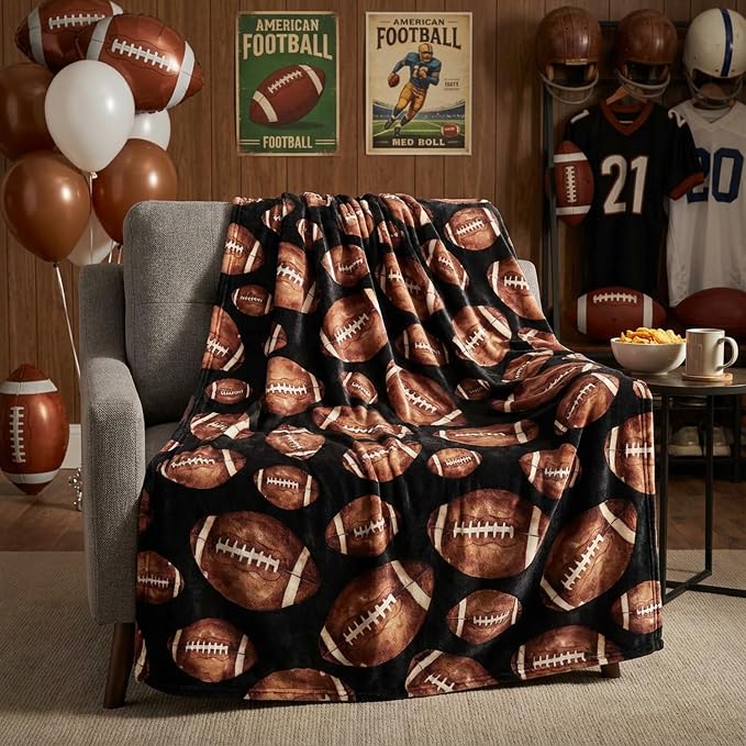 Horaldaily Football Black Flannel Throw Blanket 50x60 | All Season Using Ultra Soft Fuzzy Plush Cozy Non-shedding Blanket for Couch Sofa Bed Camping, Ideal Gift for Kids Adults