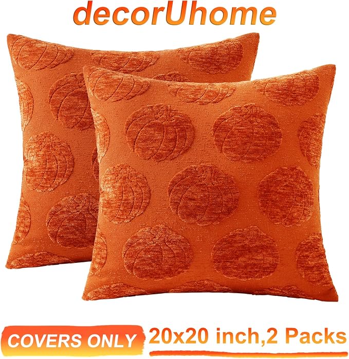 decorUhome Chenille Rust Pumpkin Soft Throw Pillow Covers 20x20 Set of 2 | Fall Decorative Jacquard Farmhouse Accent Modern Farmhouse Neutral Pillowcases for Bed Sofa Autumn Harvest Halloween Holiday