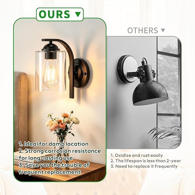 2-Pack Wall Sconces Lights Lamp for Bedroom Bathroom, Modern Vanity Light Fixtures, Black Farmhouse Wall Mount Lighting Lanterns with Clear Glass Shade for Living Room Mirror Hallway Kitchen