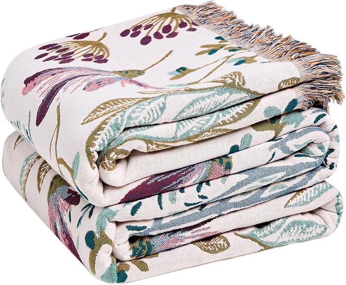 LUTBM Boho Throw Blanket for Bed 60"x80", All Season Cotton Couch Blankets | Reversible Floral Jacquard, Muslin Gauze Twin Quilt, For Chair Sofa Bedroom Living Room, Lightweight & Breathable, Home Decor