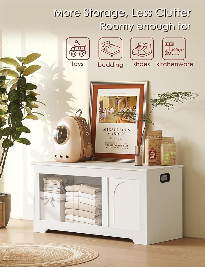 Storage Chest, Wooden Toy Box, White 39.4" L | Entryway Shoe Bench, 2 Soft-close Hinges, Finger-safe Flip-Top Lid, Easy Assembly, Farmhouse Large Trunk, Living Room/Bedroom