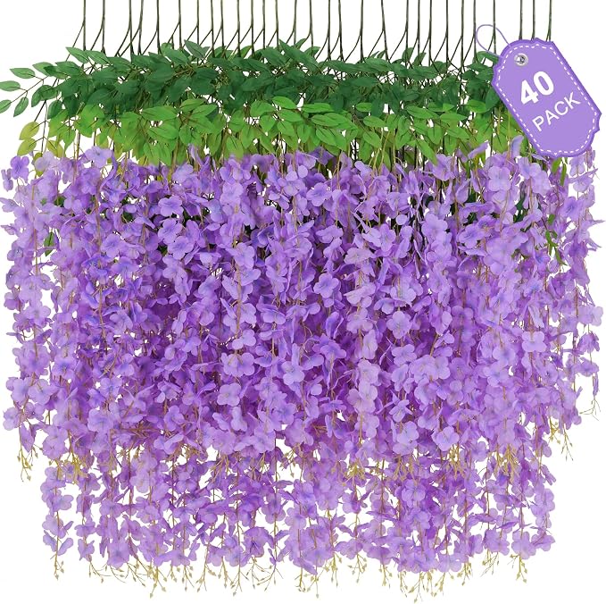 40 Pack Purple Wisteria Hanging Flowers, Fake Hanging Flowers for Decoration, Artificial Flowers,Vines for Bedroom,Flower Garland for Home,Party,Garden, Wall,Wedding Decoration(3.6 Ft/Pcs)