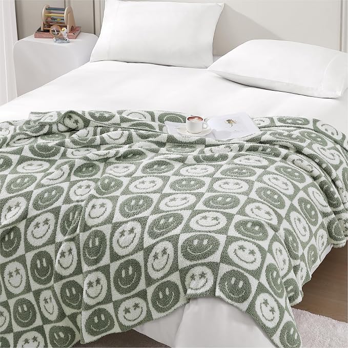 Soft Checkered Throw Blanket for Couch-Cozy Warm Knitted Blankets | Lightweight Warm Fluffy Decor for Women, Mom, Her & Girls, Sofa, Chair, Bed, 50x60in, Seagrass Smiling Face