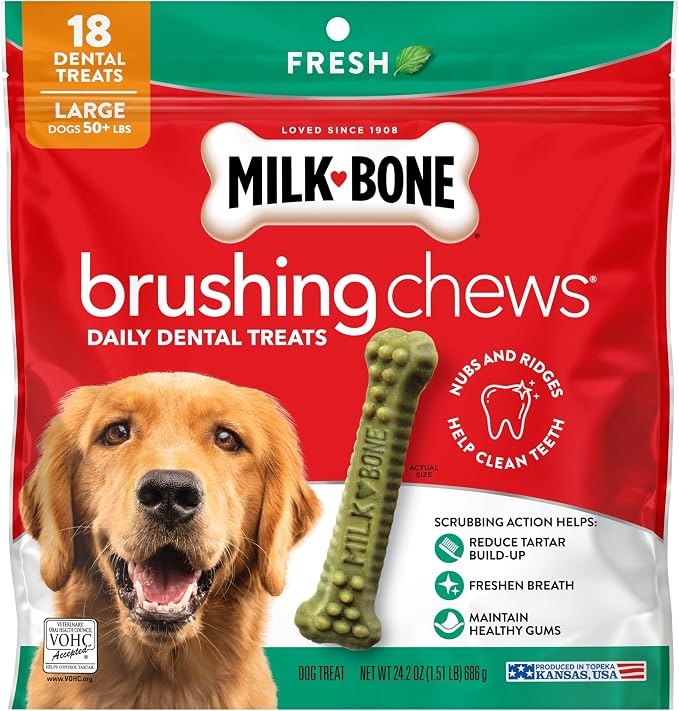 Milk-Bone Brushing Chews, Large, Fresh Flavor, 18 Dental Treats | 24.2-oz. bag, Daily dental dog treats, For dogs 50+ lbs., Fresh mint flavor