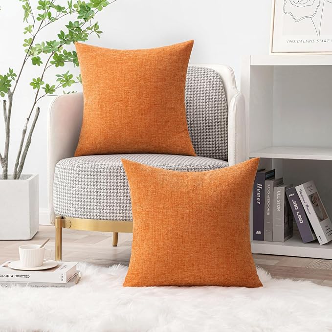 MIULEE Soft Chenille Fall Throw Pillow Covers Orange 16x16 Inch Pack of 2 | Modern Fall Home Decor, Classic Decorative Pillows, Solid Dyed Cases, Boho Couch Cushion Covers for Sofa Bed Living Room