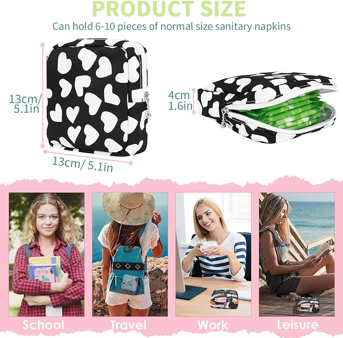 Portable Period Bag for Teen Pads, Napkins, Small Tampons - Sanitary Storage Bag, First Period Gifts for Teen Girls (Hearts)