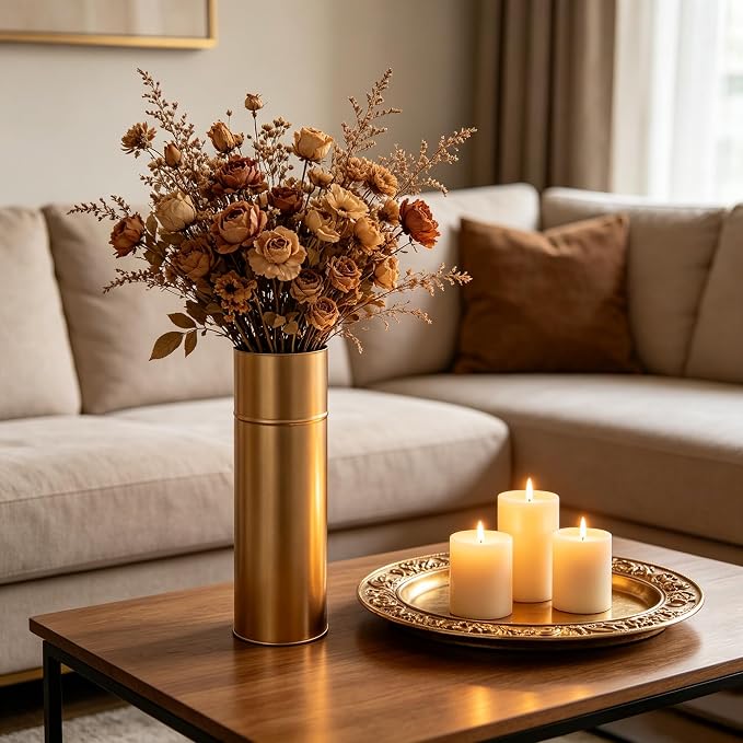 Hosley Gold Metal Tall Floor Vase with PVC Liner, 4-Inch Dia x 14-Inch H, Large Decorative Vase for Home Decor, Ideal for Floral Arrangements, Weddings, Parties, and Living Room Corner Decor
