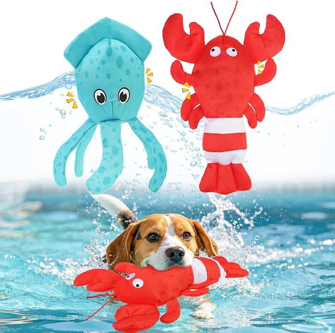 BINGPET Floating Dog Toys,2 Pack Squeaky Water Toys for Pool,Lobster&Squid
