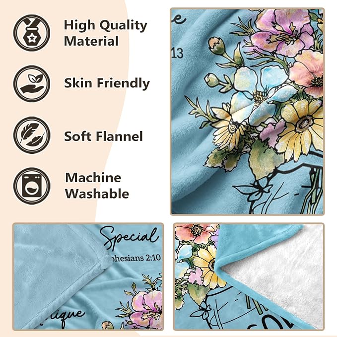 Christian Birthday Gifts for Women, Light blue Christian Blanket 60''x 50'' | Religious Gifts for Women, Spiritual Baptism Gifts for Sister, Mom, Daughter, Grandma,Girls, Soft Throw Blankets