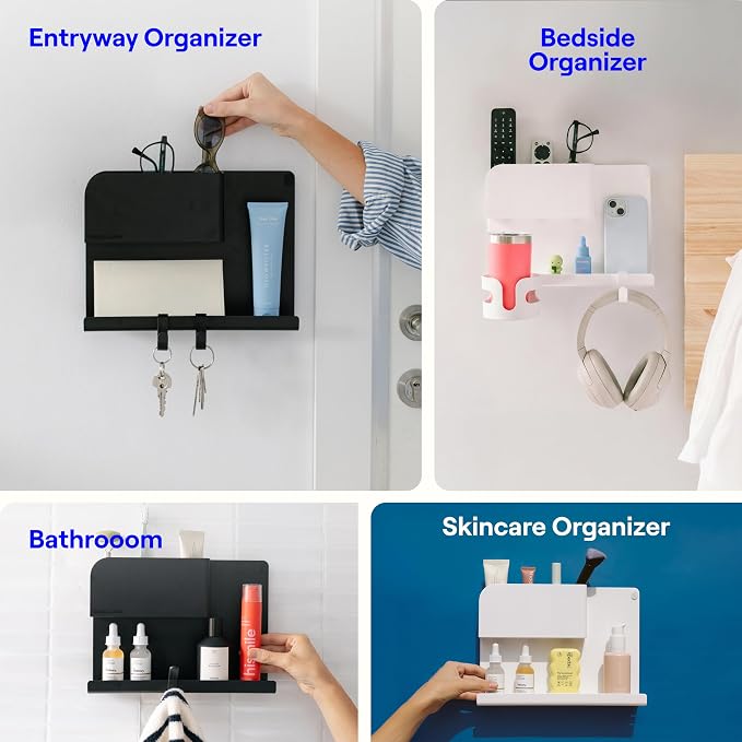 WallShelfie Bedside Wall Organizer & Dorm Decor for Dorm Room - 2.0, Black | Dorm Room Essential, Floating Bedside Shelf Wall Mount Organizer, Remote Control Holder, Cool Teen Girls Trendy Stuff