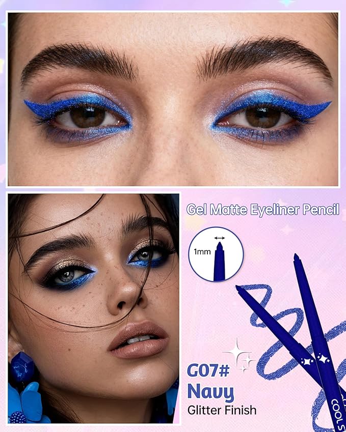 Glitter Gel Eyeliner Pencil,Retractable Cream Blue Eye Liner Pencils,Waterline Eye Makeup Liners,Waterproof & Smudge Proof Glitter Eyeliner Facial Makeup Gift for Mature Women,Girls,Christmas-G07 Navy