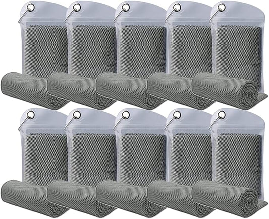10 Pack Cooling Towels Bulk Microfiber Ice Towel Quick Dry Breathable Chilly Sweat Towel Stay Cool Towel for Neck Face Yoga Gym Workout Running Pilates Beach with Carabin Bag, 40x12'', Gray