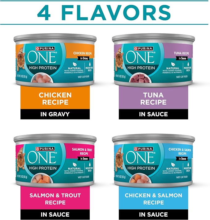 Purina ONE Natural,High Protein Cat Food Variety Pack,Chicken,Tuna,Salmon and Trout Recipes - 3 oz. Cans,(Pack of 48)