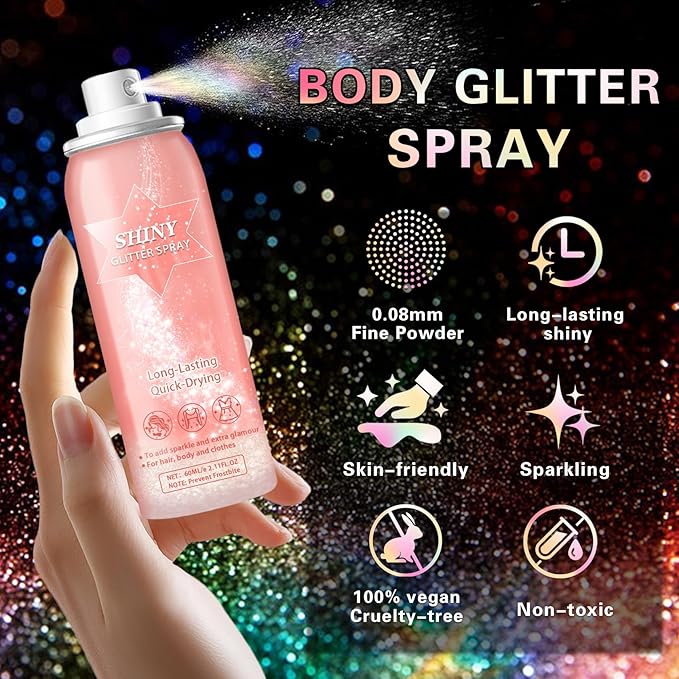 DAMUSI Body Glitter Spray, Shiny Hair and Body Glitter Spray for Clothes, Holographic Glitter Hairspray Quick-Drying Lasting Shimmer Highlighter Powder for Festival Concert Party Rave Prom 2.11 Fl Oz