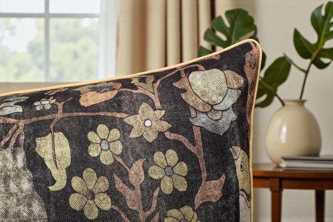 Bird Floral Print 14x36 Extra Long Lumbar Pillow Cover, Charcoal | Folk-art birds and blooms on charcoal slub, muted gold piping; both sides printed; hidde; cover only