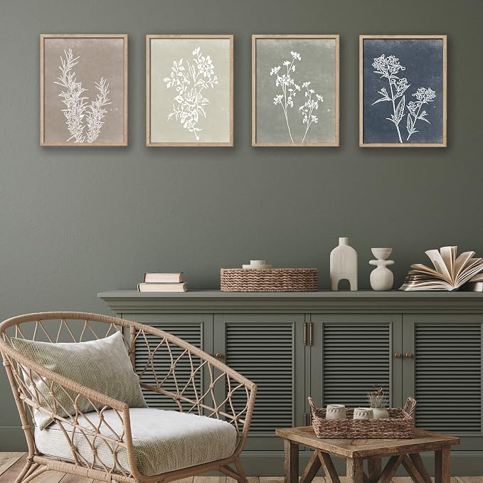 Liswit Framed Boho Wall Art Set of 4 for Wooded Minimalist Botanical Print Wall Art for Rustic Vintage Farmhouse Home Kitchen Wall Decor (Brown, 12x16)