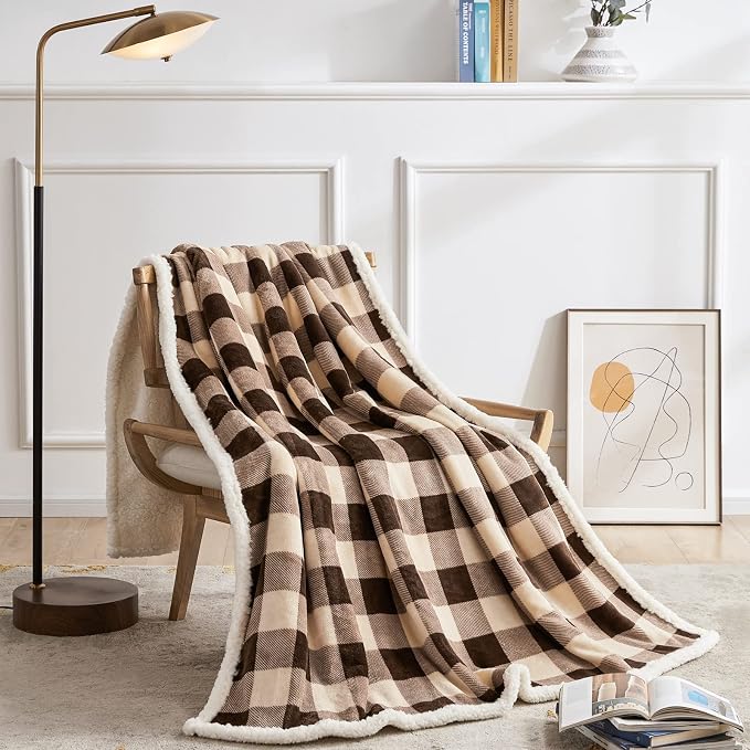 Sherpa Buffalo Plaid Christmas Twin Blanket 60" X 70", Fuzzy Fluffy Soft Cozy Throw Blanket, Fleece Flannel Plush Microfiber Blanket for Couch Bed Sofa(Brown)