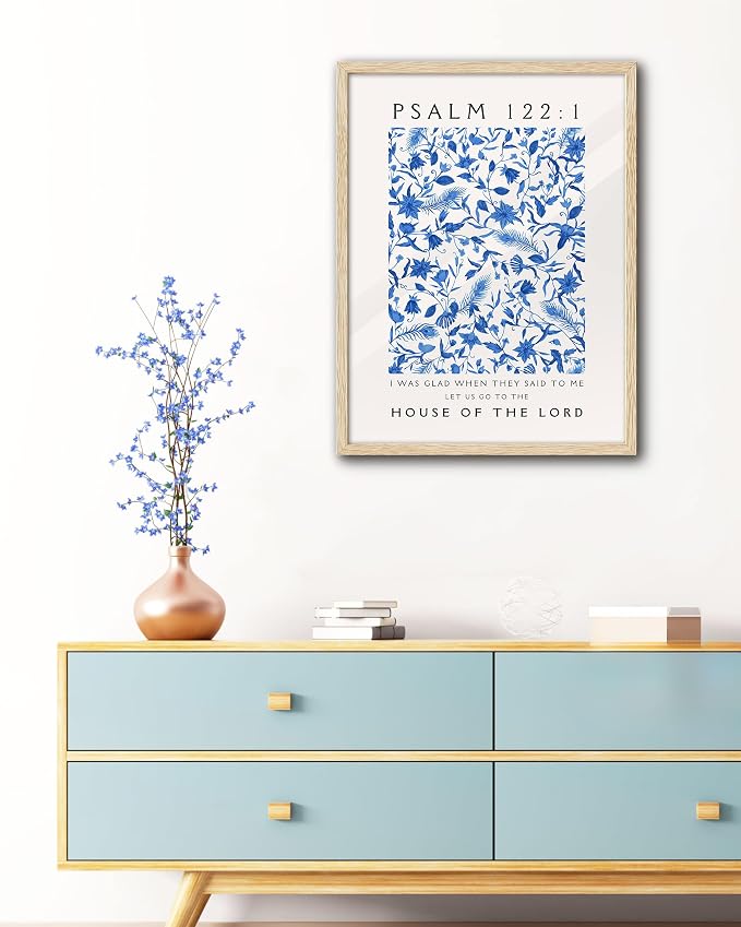 EcoHest 16x20 in Psalm 122:1 Blue Floral Framed Christian Wall Art | Solid Oak Wood Frame with Canvas Wall Art, Botanical Scripture Wall Decor for Bedroom, Living Room, Office, Church, 1Pack
