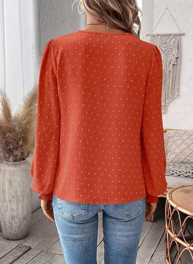 Womens Tops Swiss Dot Boho Long Sleeve Shirts V Neck Casual Chiffon Blouses Flowy Lace Hem Cute Clothing Trendy 2026