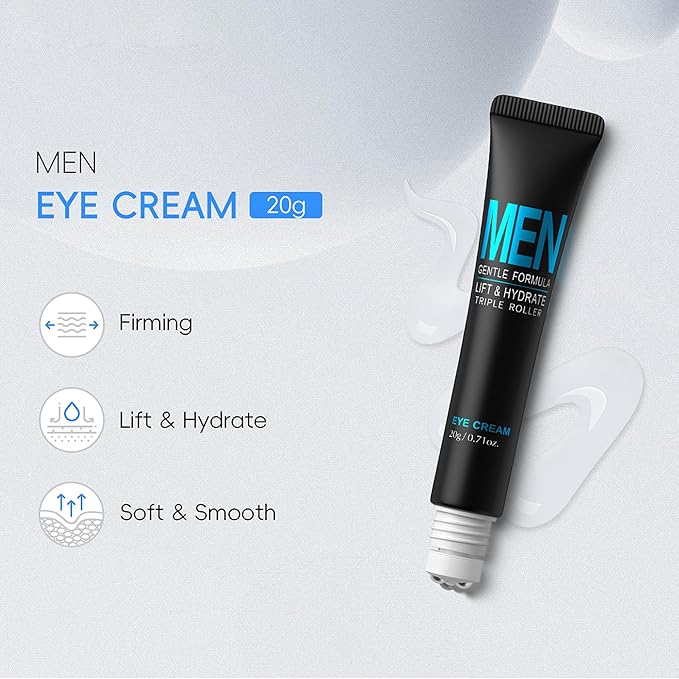 Men Eye Cream, Men's Under Eye Cream For Puffy Eyes & Dark Circles Treatment, Hydrating Triple-Roller Massage Designed, Firming, Soften Fine Lines, Cooling Stick For Puffiness Reducer 0.71oz.