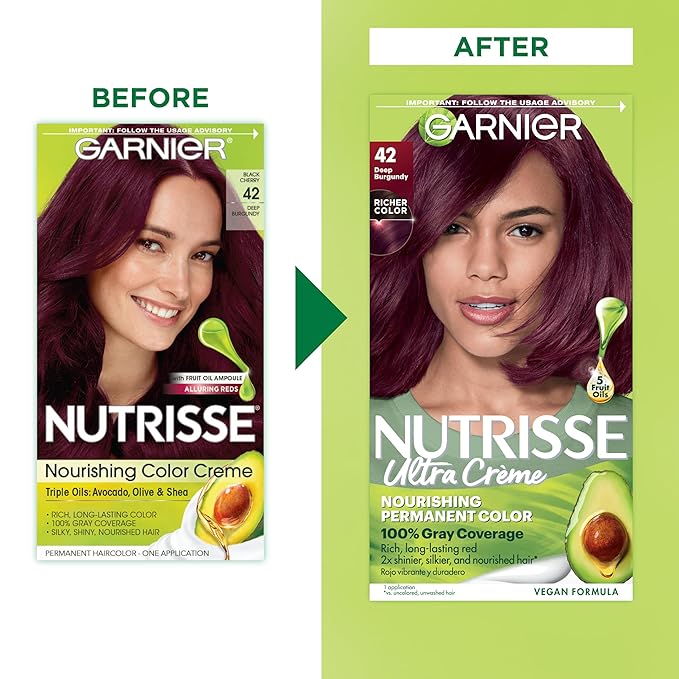 Garnier Hair Color Nutrisse Nourishing Creme, 42 Deep Burgundy (Black Cherry) Red Permanent Hair Dye, 1 Count (Packaging May Vary) (Pack of 2)